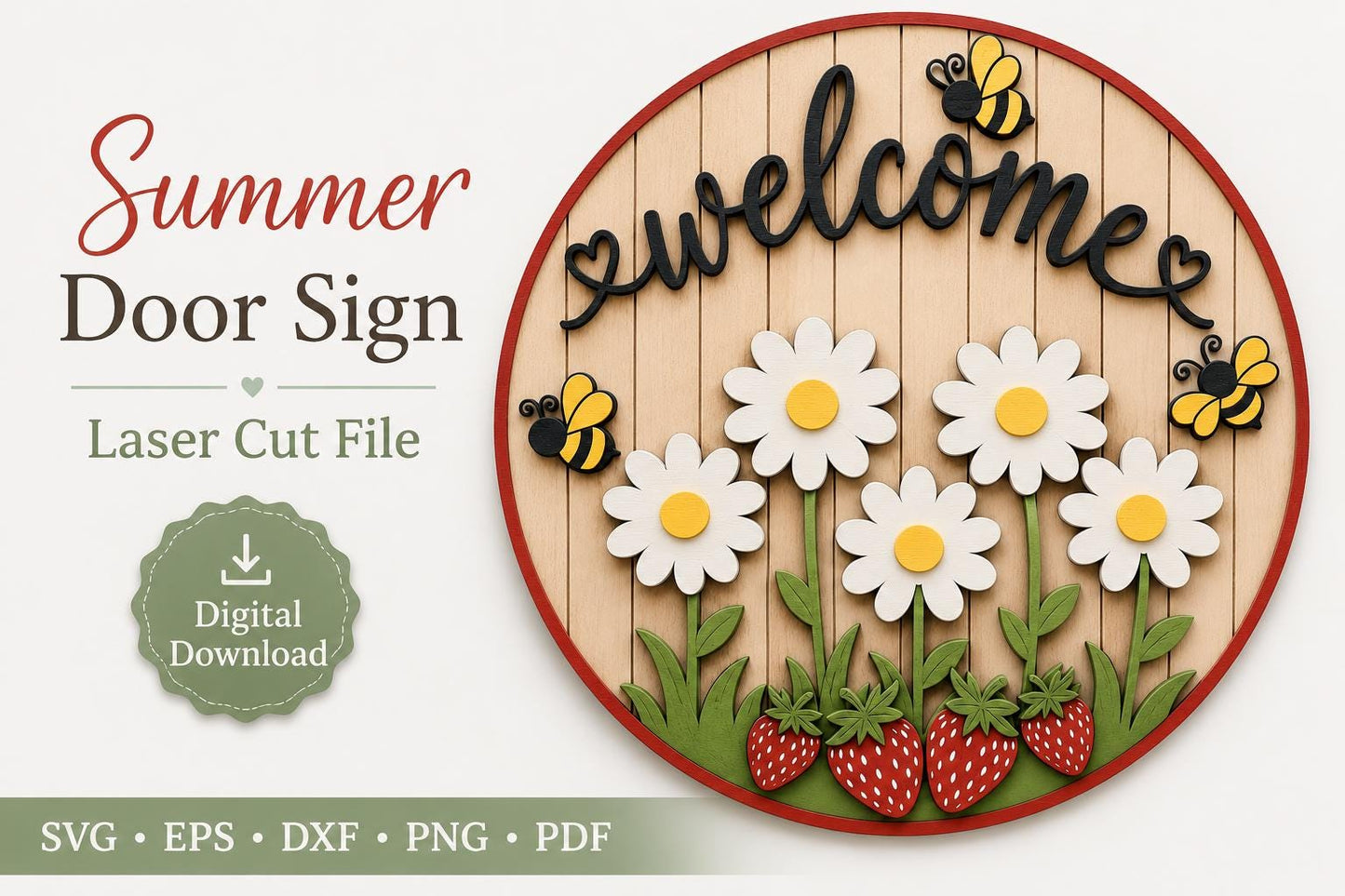 Welcome Door Sign SVG | Summer Daisy Bee Strawberry Round Door Hanger Laser Cut File