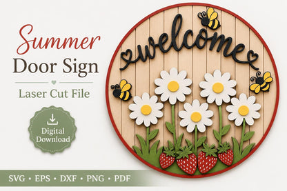 Welcome Door Sign SVG | Summer Daisy Bee Strawberry Round Door Hanger Laser Cut File