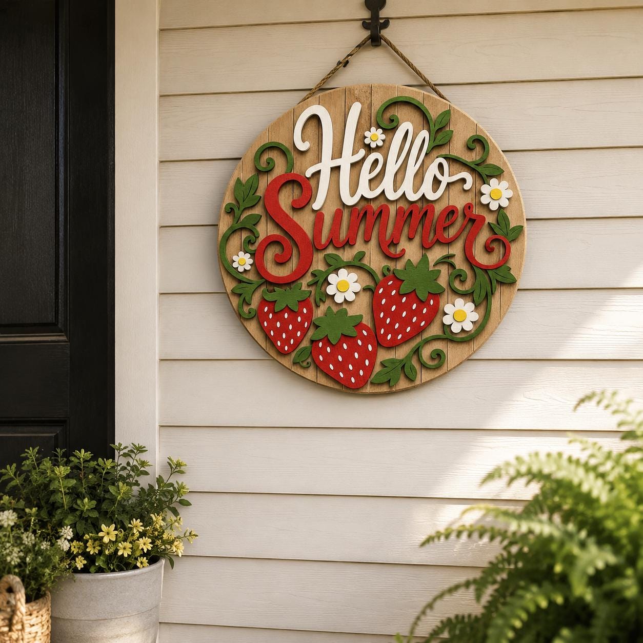 Hello Summer Door Sign SVG | Strawberry Daisy Round Door Hanger Laser Cut File