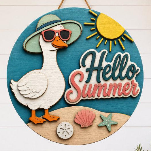 Decorative summer sign with a duck, sun, and 'Hello Summer' text on a white wall.