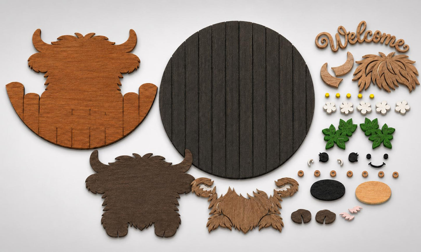 Highland Cow Welcome Sign SVG | Layered Laser Cut Door Hanger