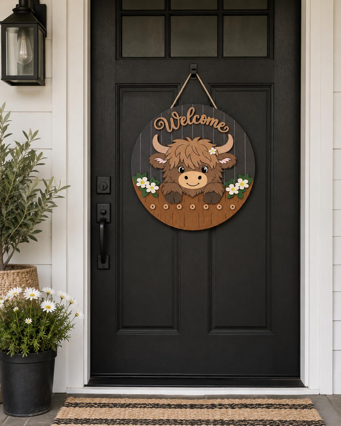 Highland Cow Welcome Sign SVG | Layered Laser Cut Door Hanger