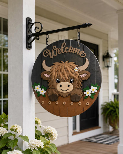 Highland Cow Welcome Sign SVG | Layered Laser Cut Door Hanger