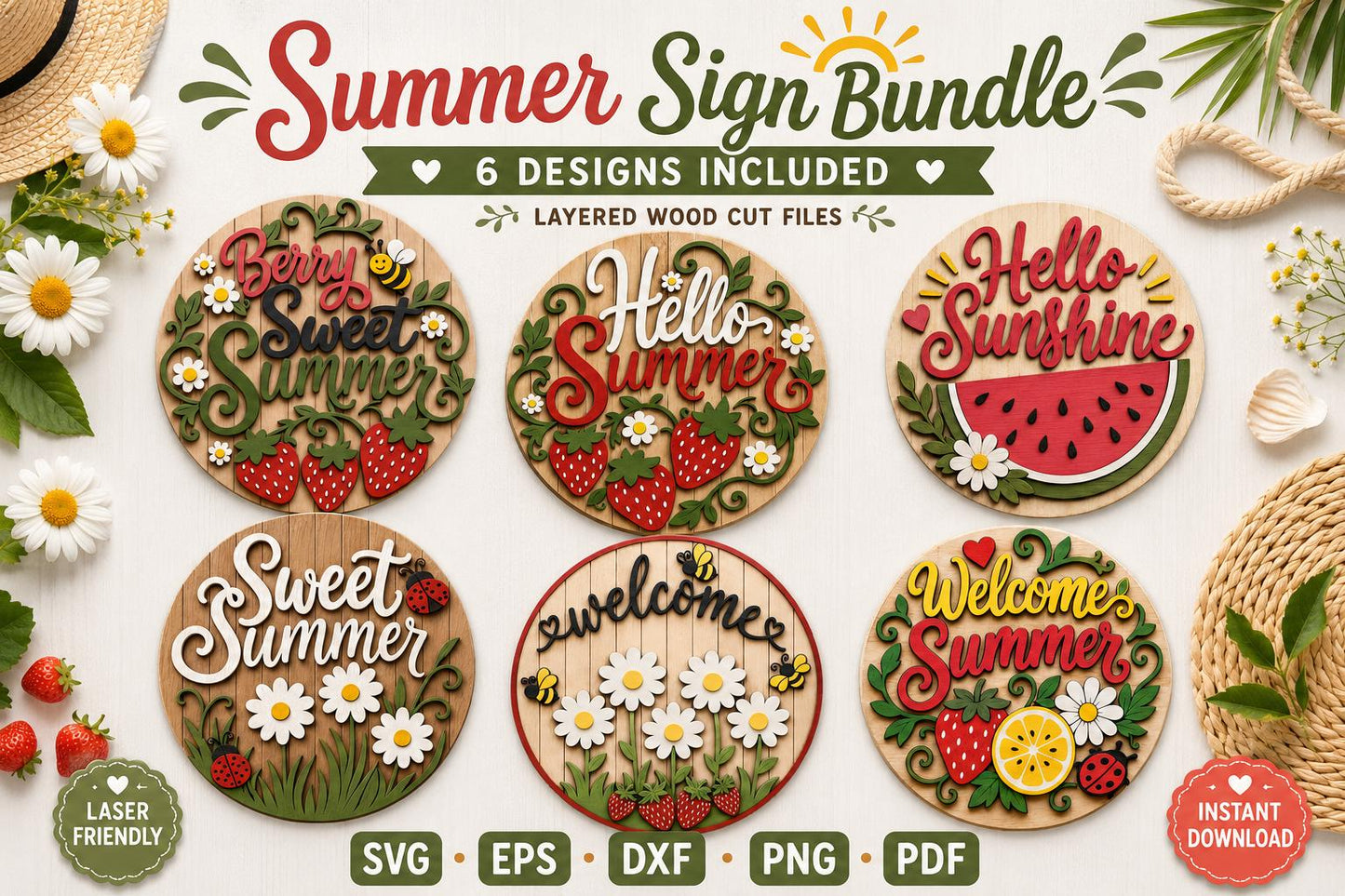Summer Door Sign SVG | Hello Summer Door Hanger Laser Cut File Bundle