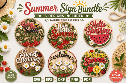 Summer Door Sign SVG | Hello Summer Door Hanger Laser Cut File Bundle