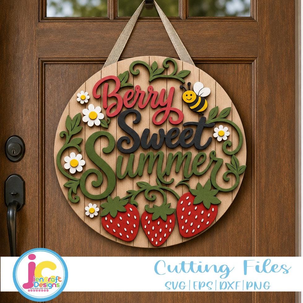 Berry Sweet Summer Door Sign SVG | Strawberry Round Door Hanger Laser Cut File