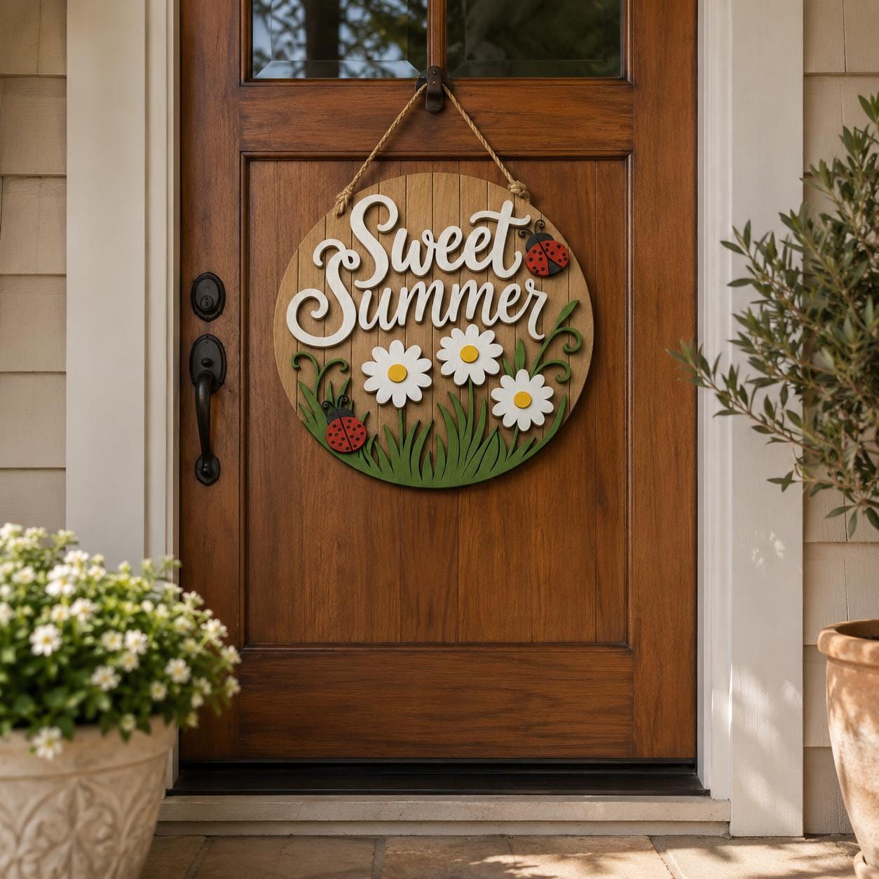 Sweet Summer Door Sign SVG | Daisy Ladybug Round Door Hanger Laser Cut File