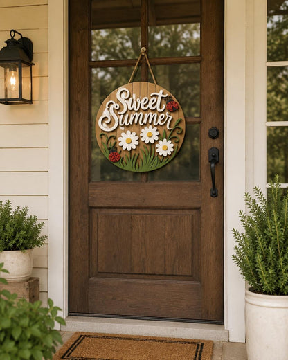 Sweet Summer Door Sign SVG | Daisy Ladybug Round Door Hanger Laser Cut File