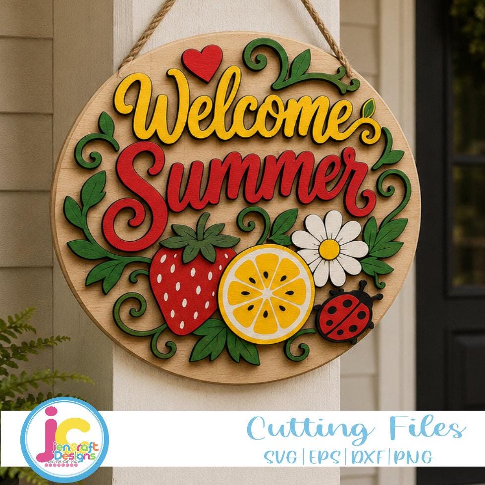 Welcome Summer Door Sign SVG | Strawberry Lemon Daisy Round Door Hanger Laser Cut File