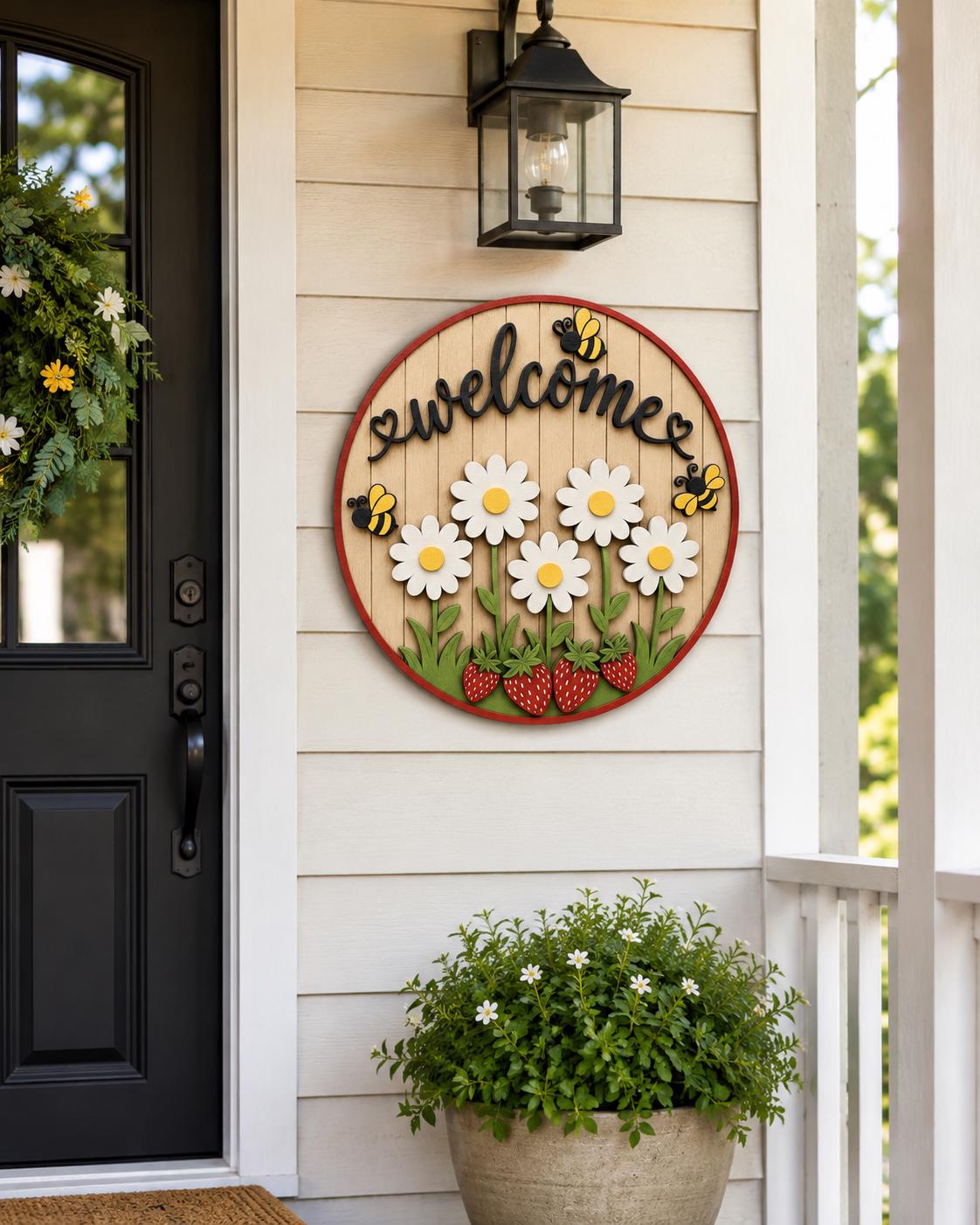 Welcome Door Sign SVG | Summer Daisy Bee Strawberry Round Door Hanger Laser Cut File