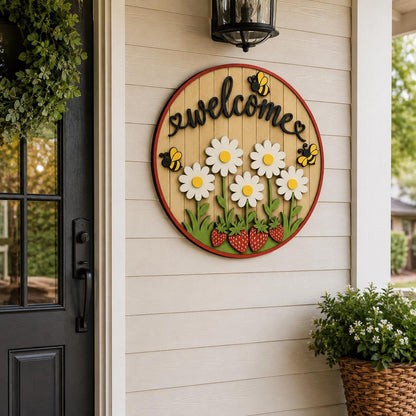 Welcome Door Sign SVG | Summer Daisy Bee Strawberry Round Door Hanger Laser Cut File