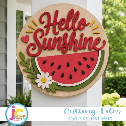 Hello Sunshine Door Sign SVG | Watermelon Summer Round Door Hanger Laser Cut File