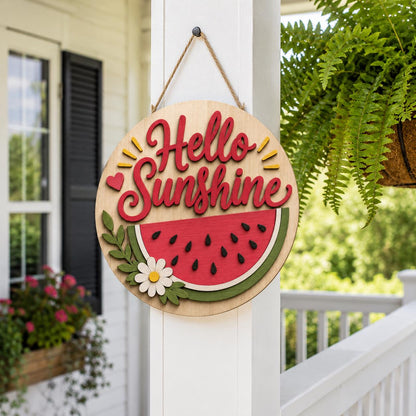 Hello Sunshine Door Sign SVG | Watermelon Summer Round Door Hanger Laser Cut File