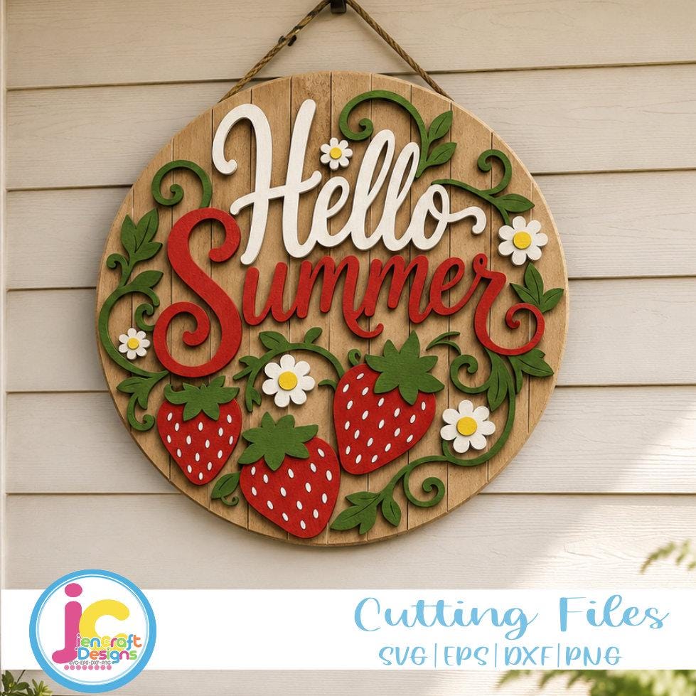 Hello Summer Door Sign SVG | Strawberry Daisy Round Door Hanger Laser Cut File