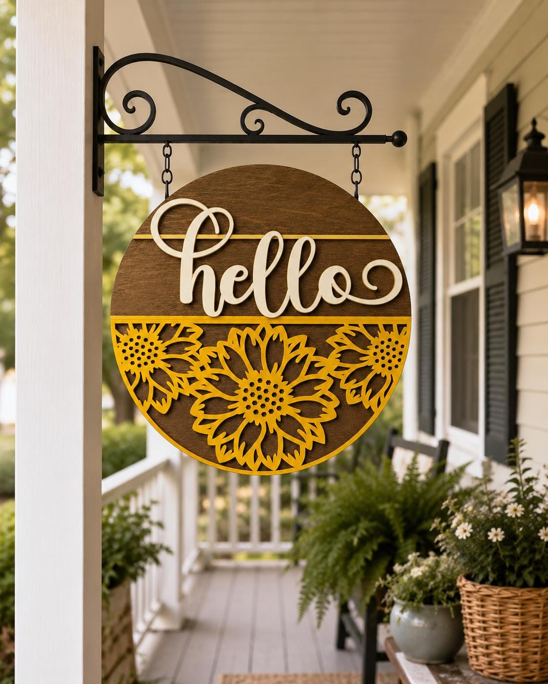Sunflower Hello Sign SVG | Round Summer Door Hanger Laser Cut File