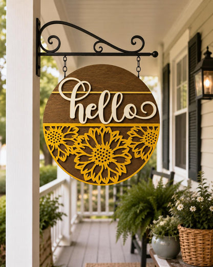 Sunflower Hello Sign SVG | Round Summer Door Hanger Laser Cut File