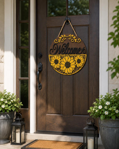 Sunflower Welcome Sign SVG | Round Summer Door Hanger Laser Cut File