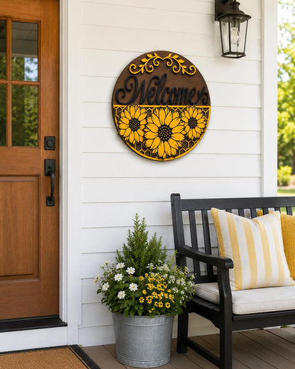 Sunflower Welcome Sign SVG | Round Summer Door Hanger Laser Cut File