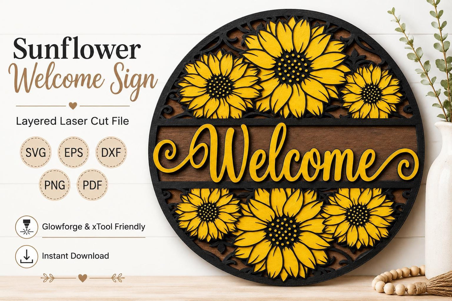 Sunflower Welcome Sign SVG | Summer Door Hanger Laser Cut File