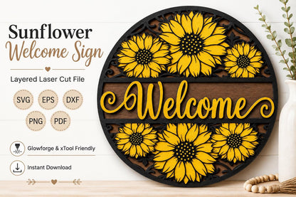 Sunflower Welcome Sign SVG | Summer Door Hanger Laser Cut File