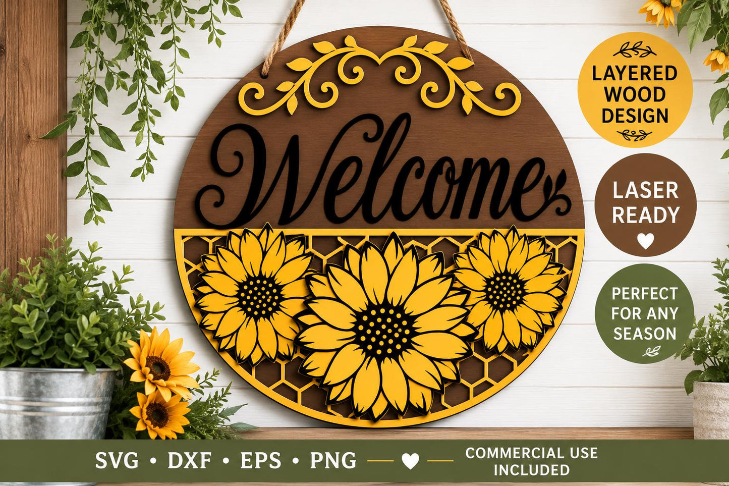 Sunflower Welcome Sign SVG | Round Summer Door Hanger Laser Cut File
