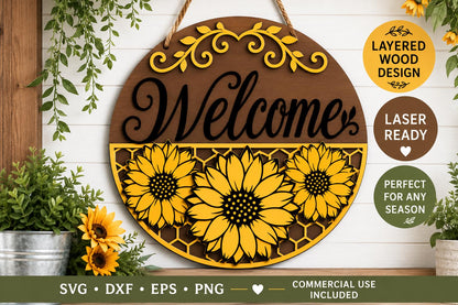 Sunflower Welcome Sign SVG | Round Summer Door Hanger Laser Cut File