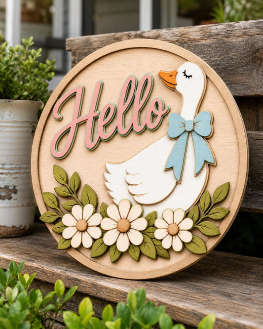 Hello Goose Door Hanger SVG | Floral Goose Laser Cut File SVG PNG