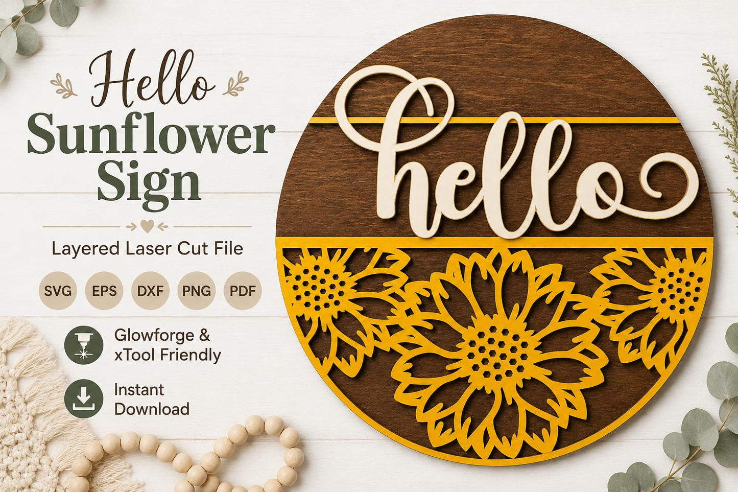 Sunflower Hello Sign SVG | Round Summer Door Hanger Laser Cut File
