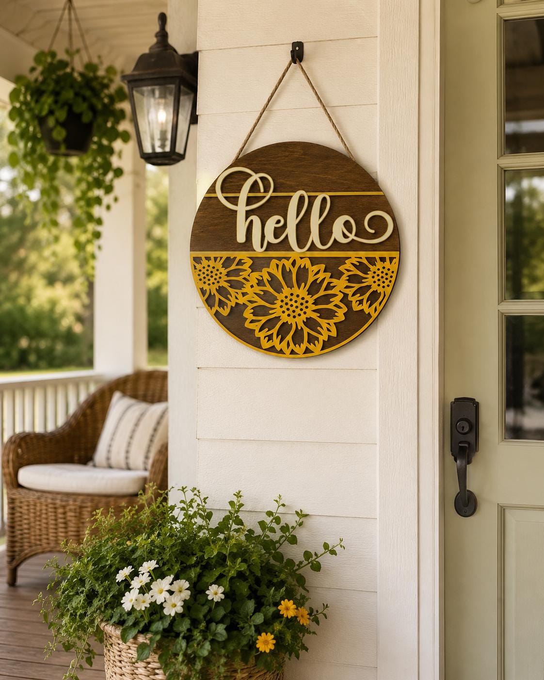 Sunflower Hello Sign SVG | Round Summer Door Hanger Laser Cut File