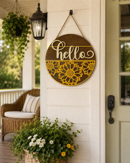 Sunflower Hello Sign SVG | Round Summer Door Hanger Laser Cut File