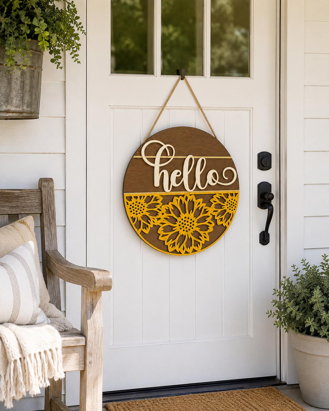 Sunflower Hello Sign SVG | Round Summer Door Hanger Laser Cut File