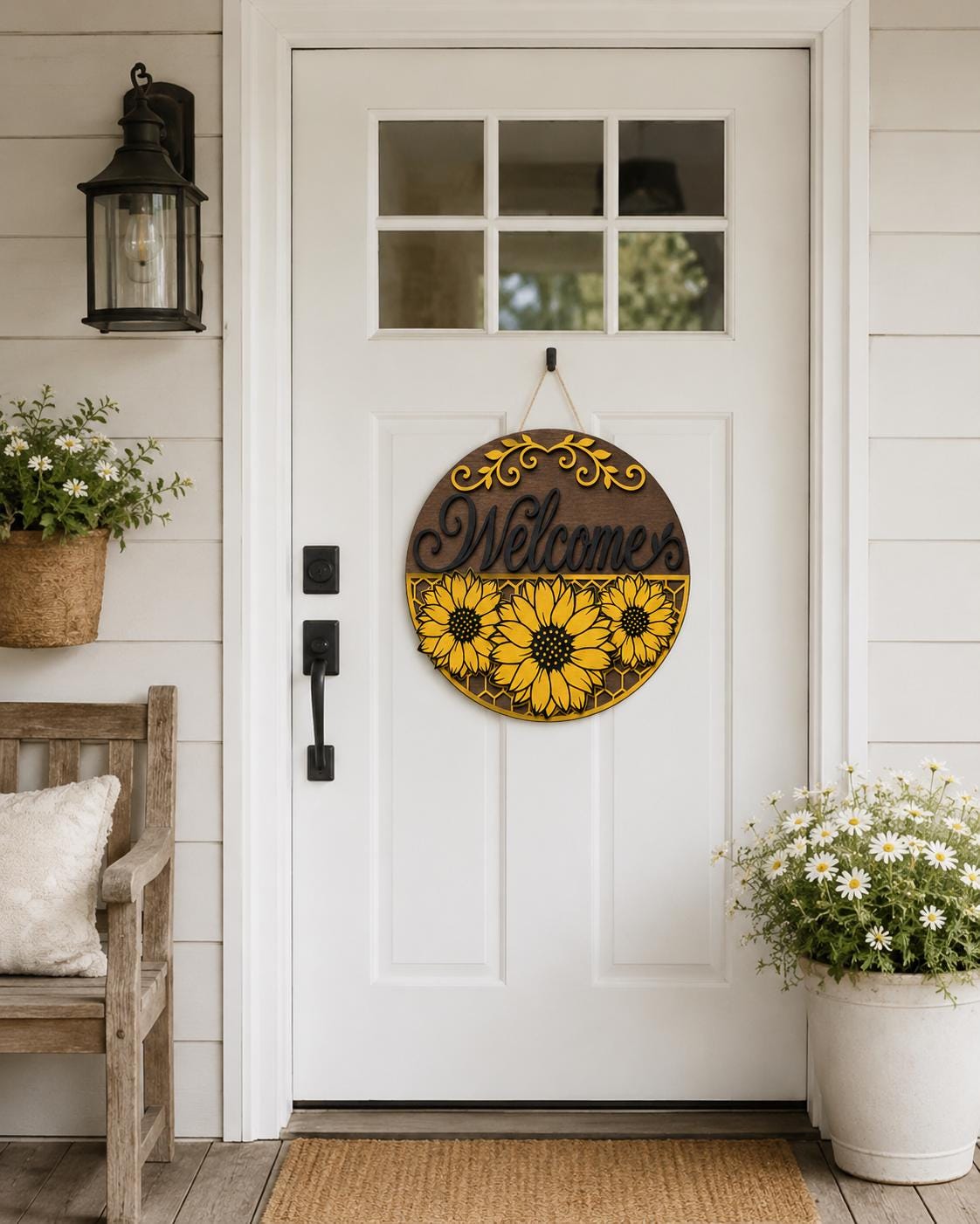 Sunflower Welcome Sign SVG | Round Summer Door Hanger Laser Cut File