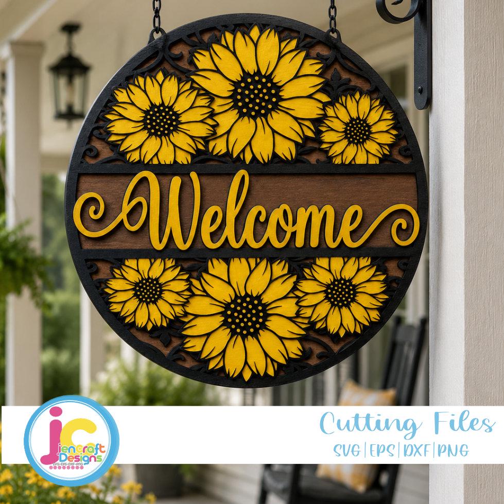 Sunflower Welcome Sign SVG | Summer Door Hanger Laser Cut File