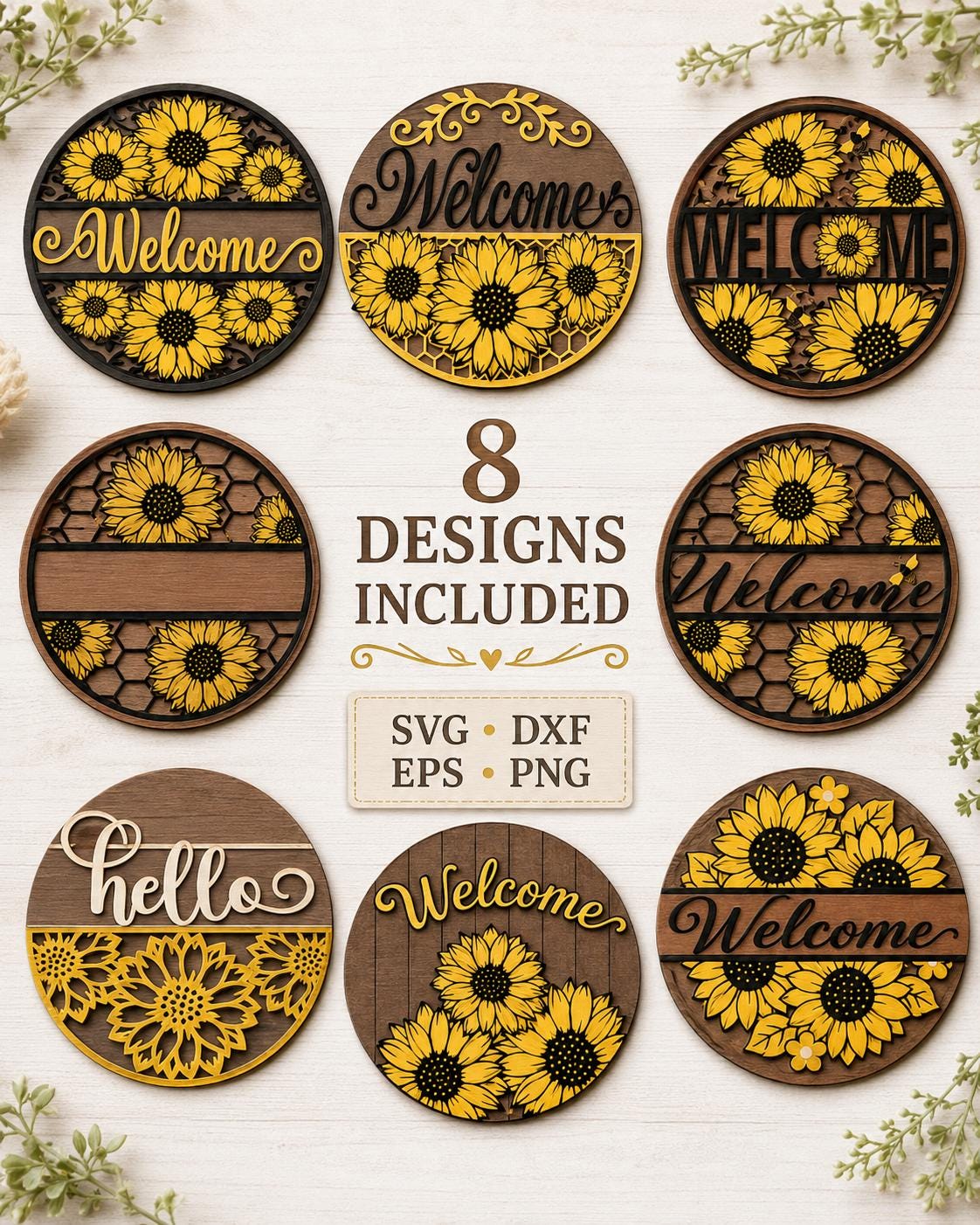 Sunflower Door Hanger SVG Bundle | Summer Welcome Sign Laser Cut Files SVG PNG