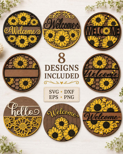 Sunflower Door Hanger SVG Bundle | Summer Welcome Sign Laser Cut Files SVG PNG