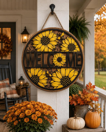 Sunflower Door Hanger SVG Bundle | Summer Welcome Sign Laser Cut Files SVG PNG