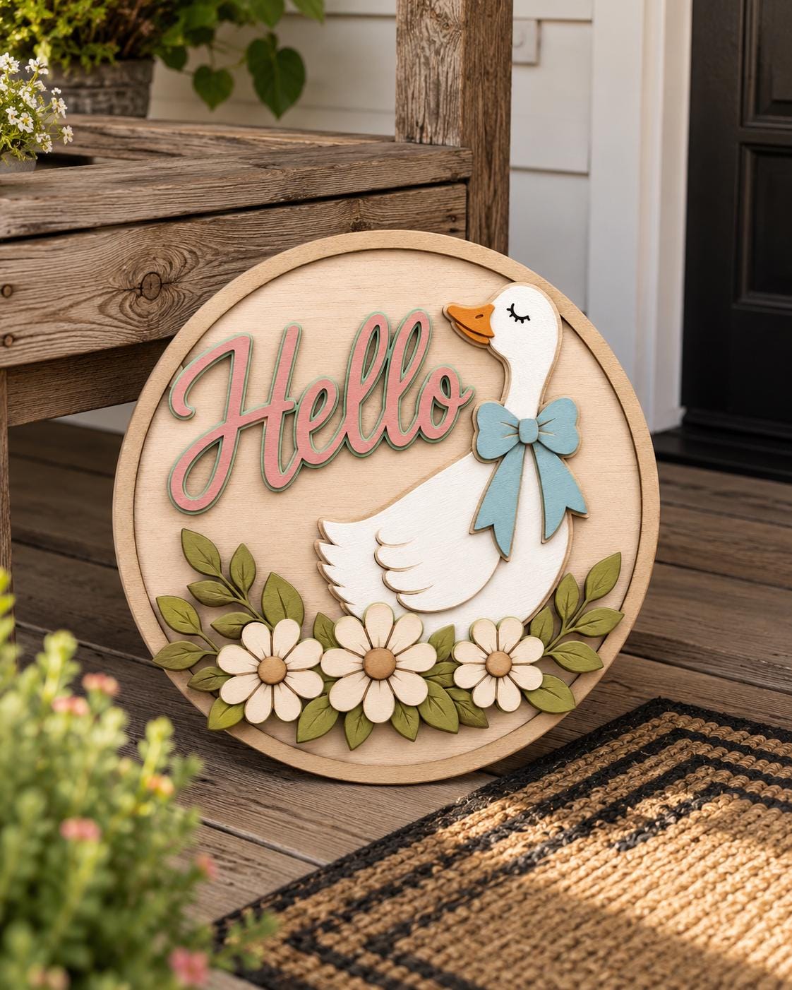 Hello Goose Door Hanger SVG | Floral Goose Laser Cut File SVG PNG