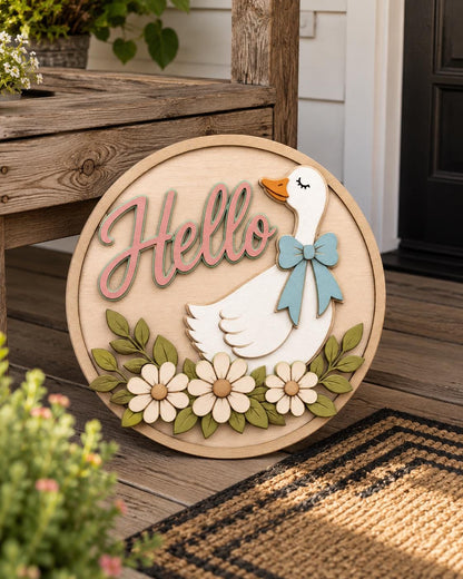 Hello Goose Door Hanger SVG | Floral Goose Laser Cut File SVG PNG