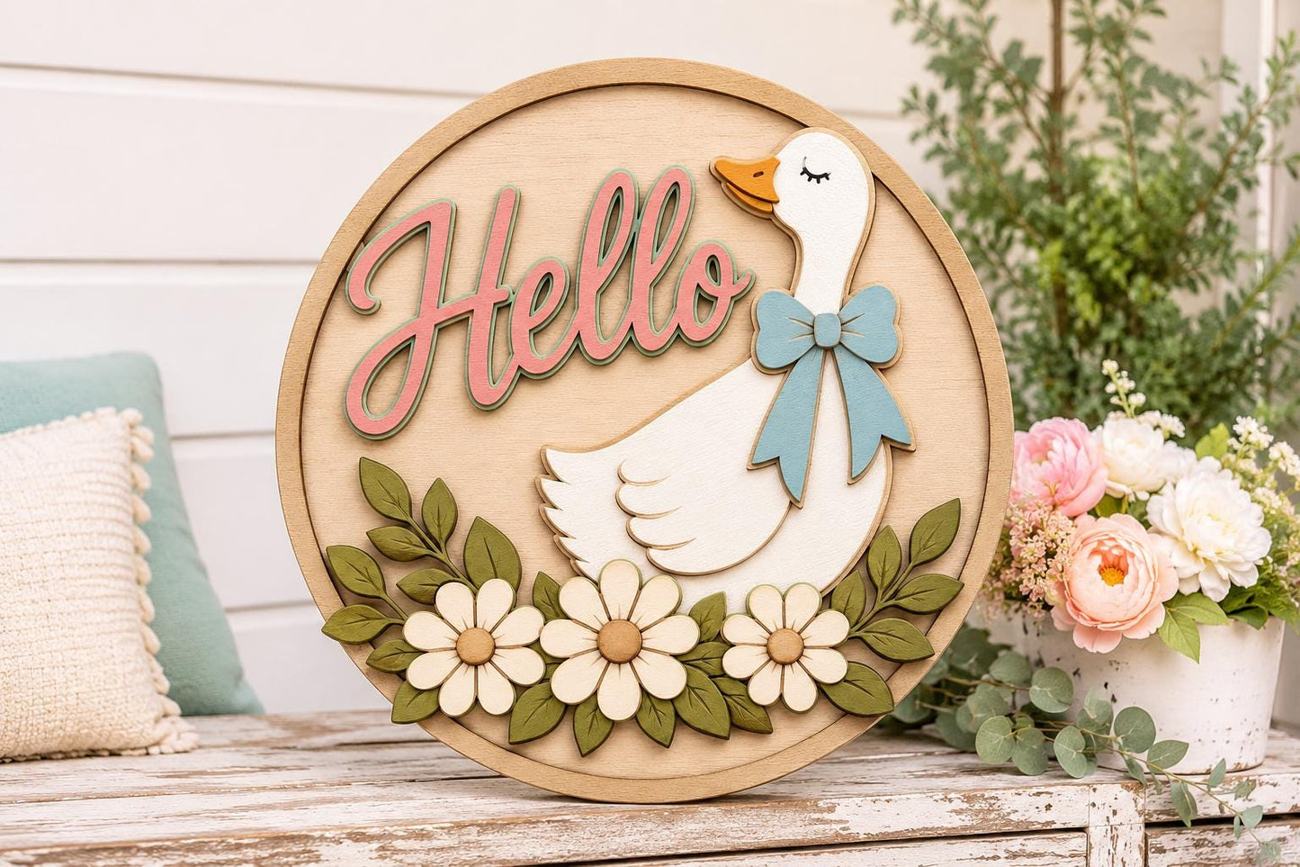 Hello Goose Door Hanger SVG | Floral Goose Laser Cut File SVG PNG