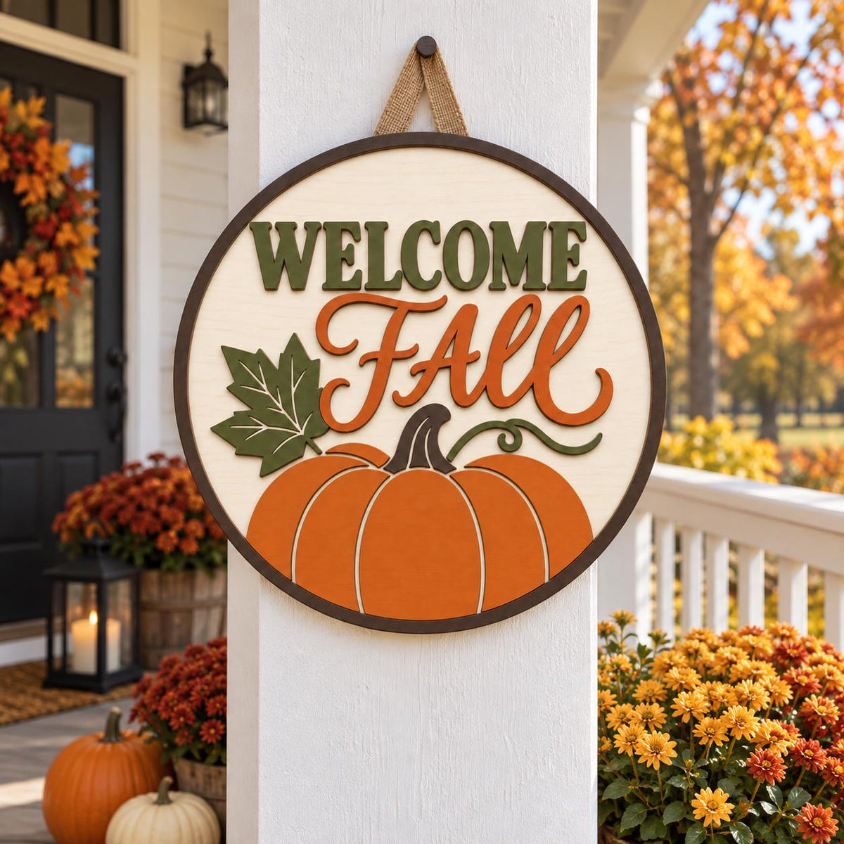 Welcome Fall Pumpkin Sign SVG | Layered Round Door Hanger