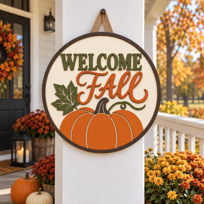 Welcome Fall Pumpkin Sign SVG | Layered Round Door Hanger