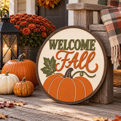 Welcome Fall Pumpkin Sign SVG | Layered Round Door Hanger