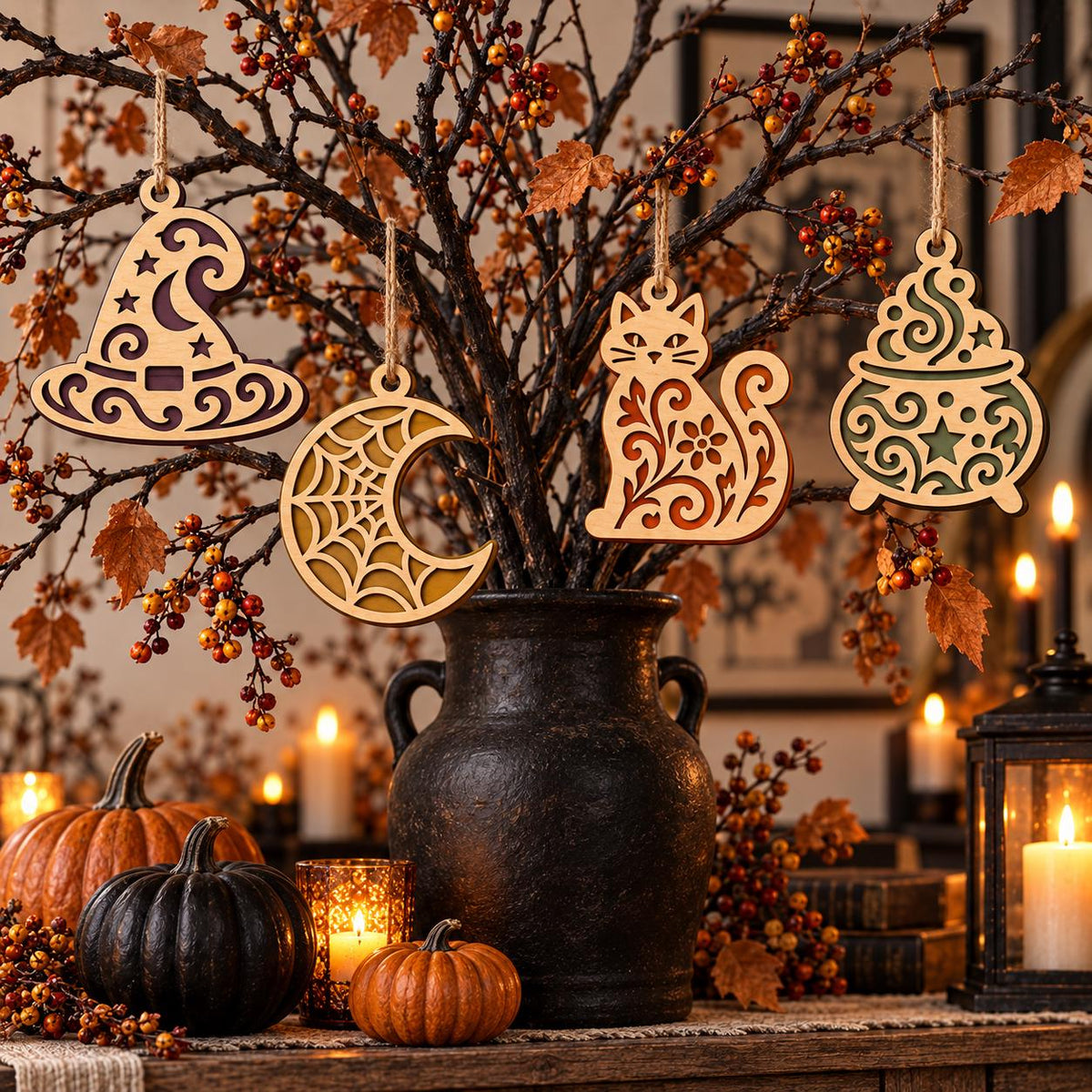 Halloween Lace Ornament SVG Bundle | Witch Hat Moon Cat