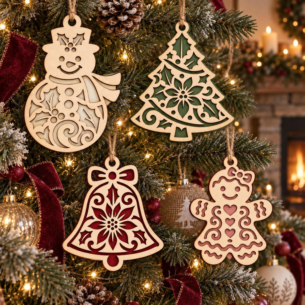 Christmas Lace Ornament SVG Bundle | Snowman Tree Bell Girl