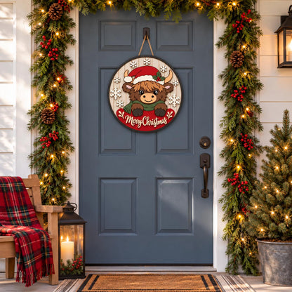 Highland Cow Christmas Sign SVG | Layered Laser Door Hanger