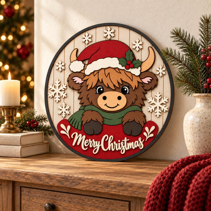 Highland Cow Christmas Sign SVG | Layered Laser Door Hanger