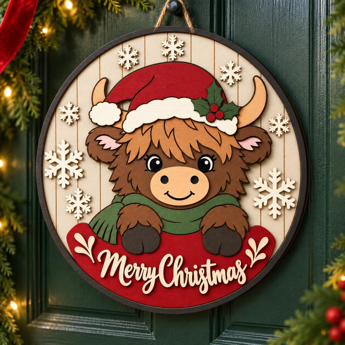 Highland Cow Christmas Sign SVG | Layered Laser Door Hanger