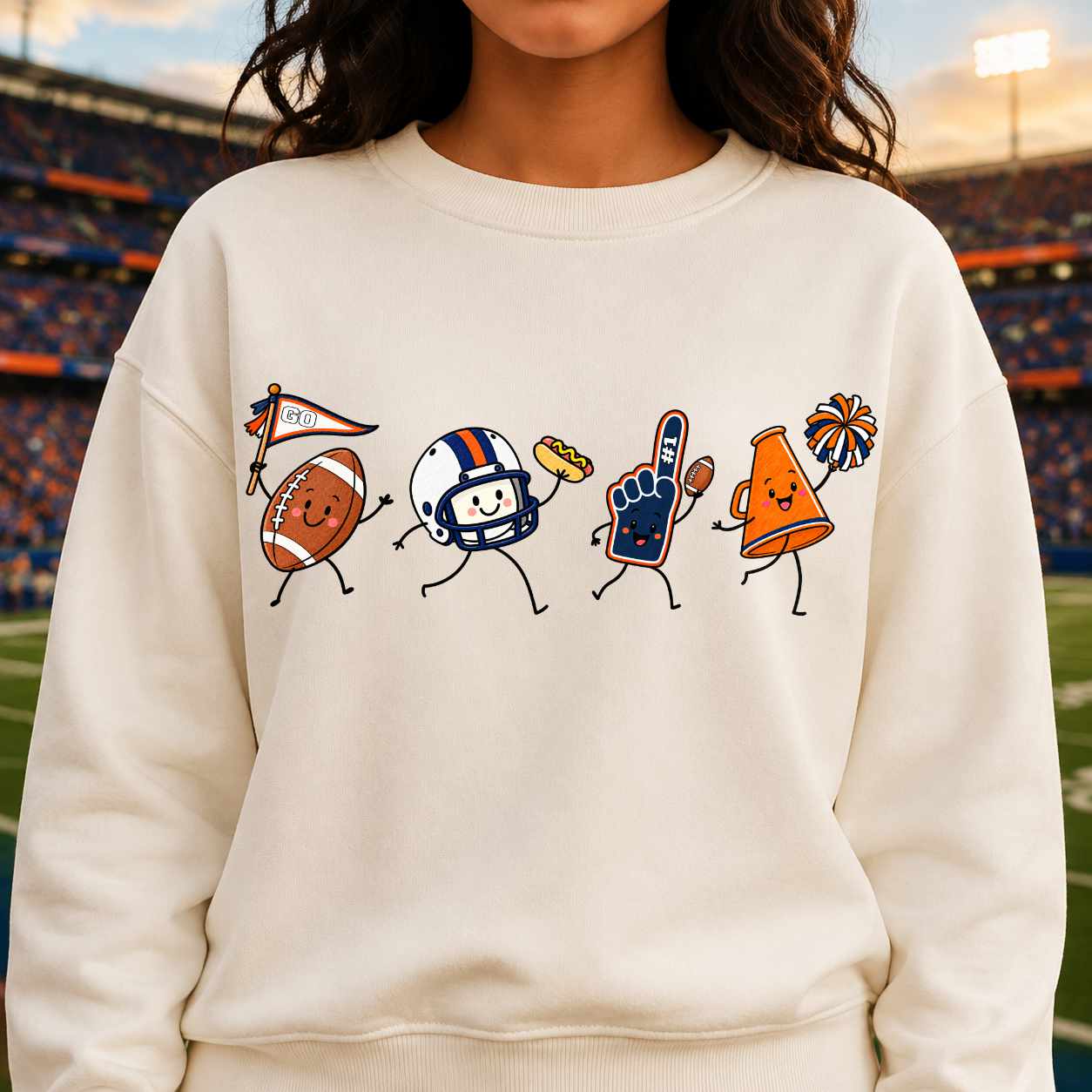 Navy orange white football doodle PNG sublimation design on sweatshirt – JenCraft Designs digital download