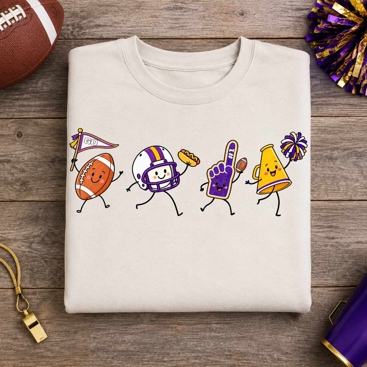 Purple Gold White Football Doodle PNG Sublimation Design