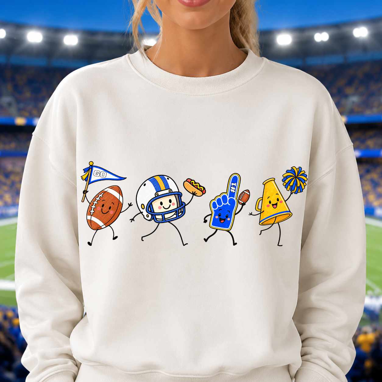 Royal blue gold white football doodle PNG sublimation design on sweatshirt – JenCraft Designs digital download